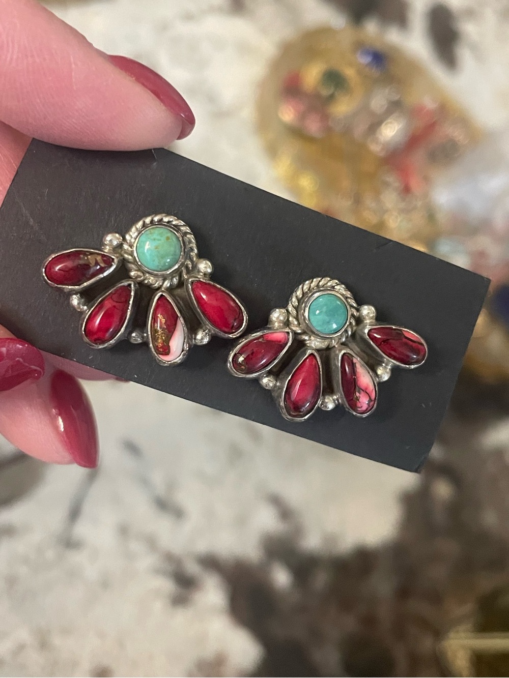 Red Rose Dahlia & Turquoise Sterling 925 Fan Earrings Native American